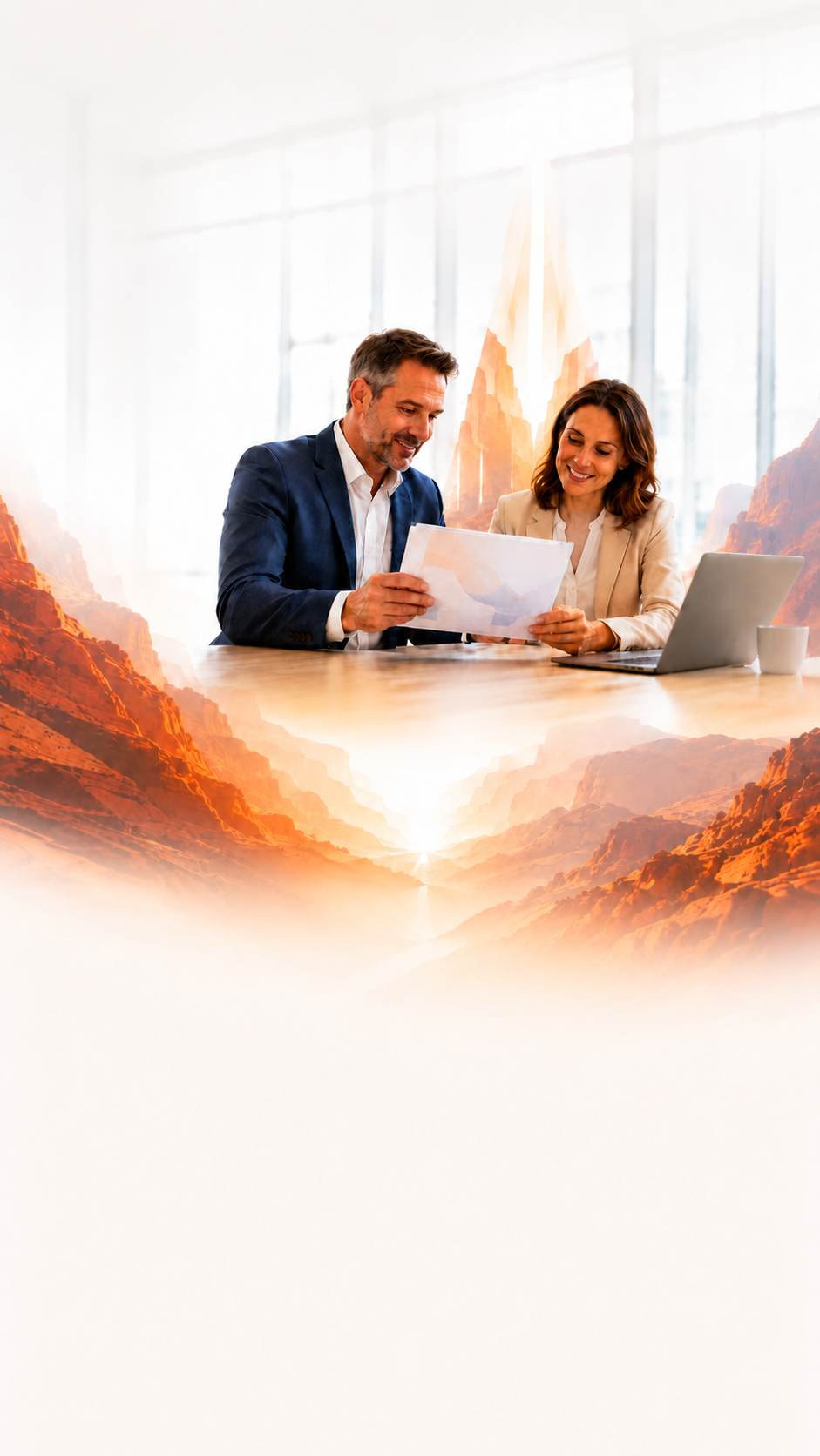 Business leaders reviewing a benefits strategy with sunlit Zion canyon imagery